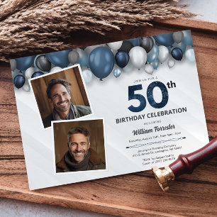 Blue Silver Black & White 50. Geburtstag 2 Foto Einladung