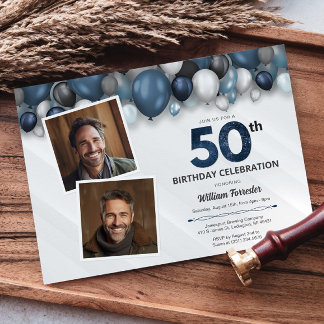 Blue Silver Black & White 50. Geburtstag 2 Foto Einladung