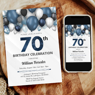 Blue Silver Black & White 70. Geburtstag Einladung