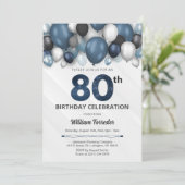 Blue Silver Black & White 80. Geburtstag Einladung (Stehend Vorderseite)