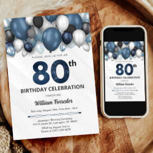 Blue Silver Black & White 80. Geburtstag Einladung