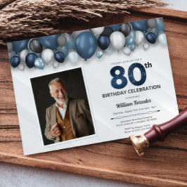 Blue Silver Black & White 80. Geburtstag Foto Einladung