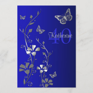Blue, Silver Blume & Butterfliegen 40. Geburtstag Einladung