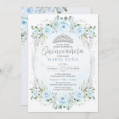 Blue Silver Blumenkronprinzessin Quinceañera Einladung (Vorne/Hinten)