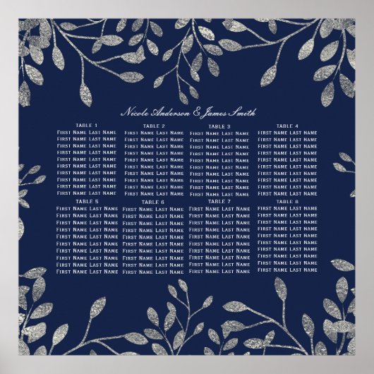 Blue Silver Botanical Floral Blätter Seating Chart Poster (Vorne)