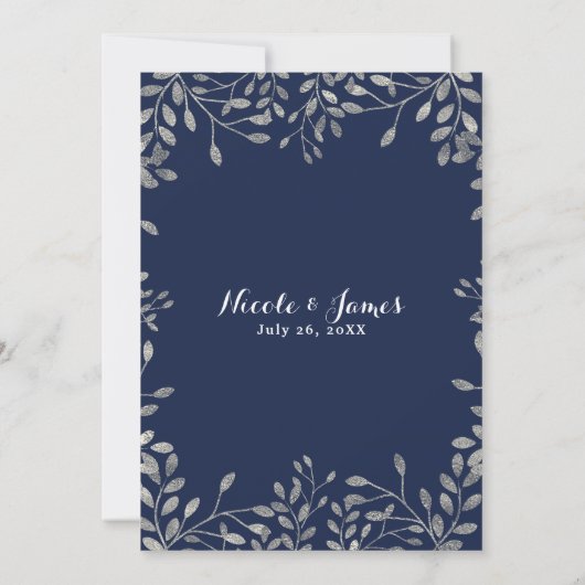 Blue & Silver Botanical Modern Wedding Einladungen (Rückseite)