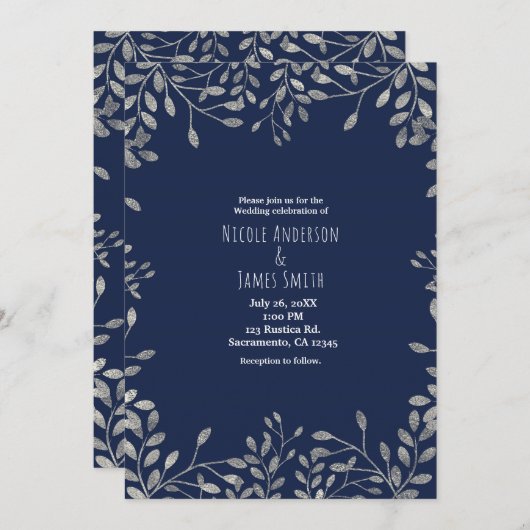 Blue & Silver Botanical Modern Wedding Einladungen (Vorne/Hinten)