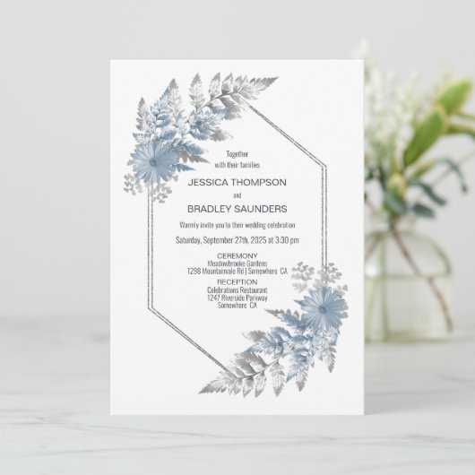 Blue Silver Botanical Wedding Einladung (Stehend Vorderseite)