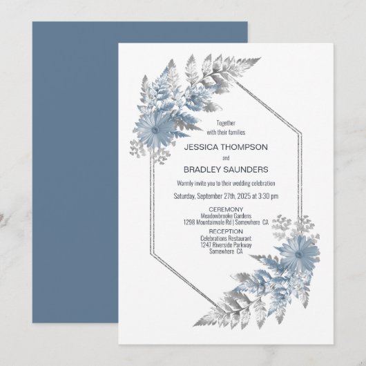 Blue Silver Botanical Wedding Einladung (Vorne/Hinten)