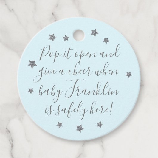 Blue & Silver Boy Baby Dusche Champagner Gefallen Geschenkanhänger (Vorderseite)