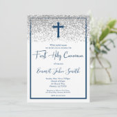 Blue Silver Boy Erste Heilige Kommune Einladung (Stehend Vorderseite)