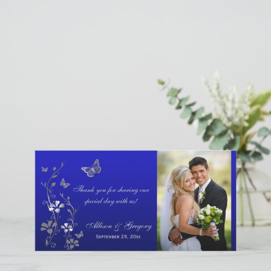 Blue, Silver Butterfly Blumenfotokarte Dankeskarte (Stehend Vorderseite)