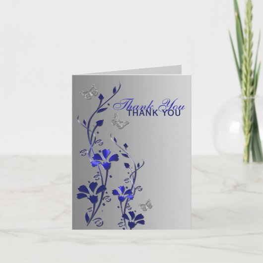 Blue Silver Butterfly Floral Danke Note Card (Vorderseite)