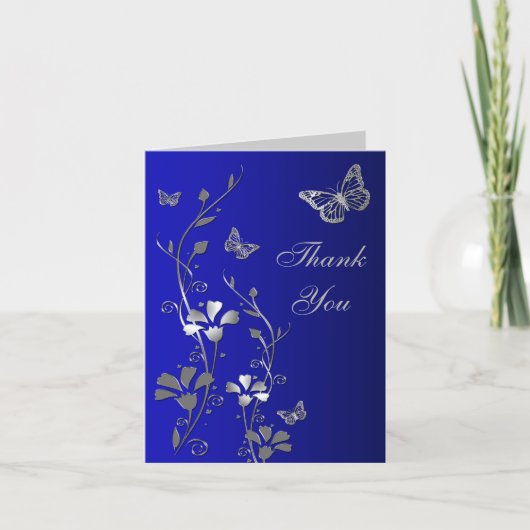 Blue Silver Butterfly Floral Danke Note Card (Vorderseite)
