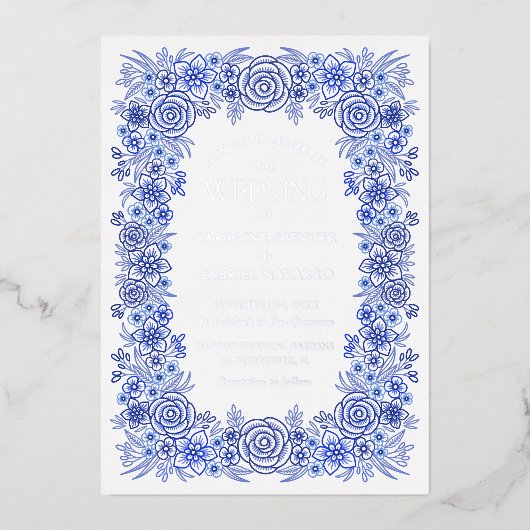 Blue Silver Chinoiserie Floral French Wedding Folieneinladung (Vorderseite)