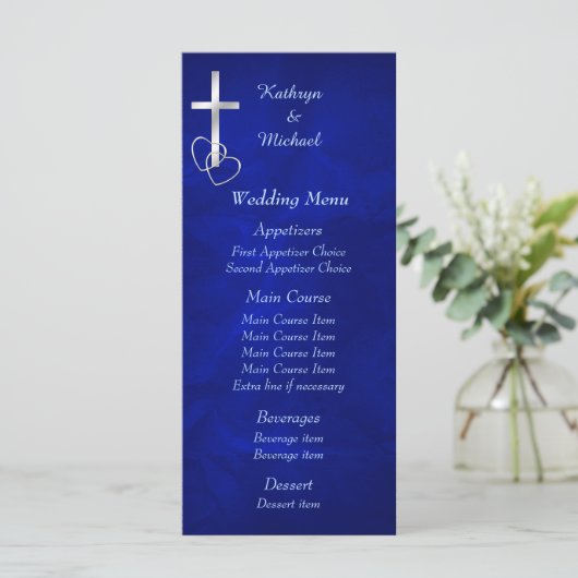 Blue Silver Christlich Cross Wedding Menu Menükarte (Stehend Vorderseite)