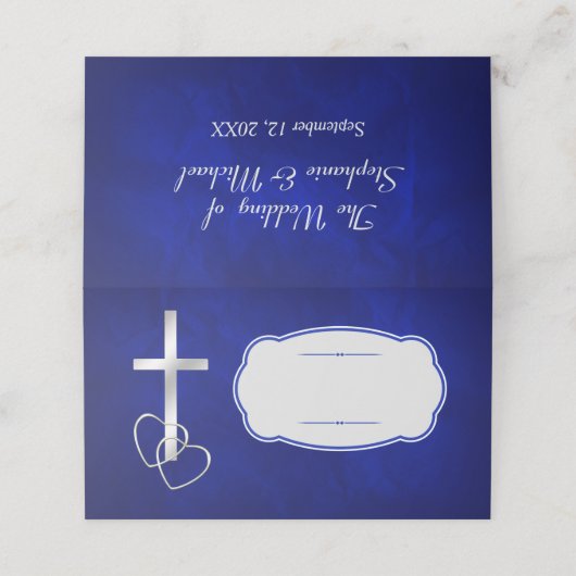 Blue Silver Christlich Cross Wedding Platzkarte (Außenseite Aufgefaltet)