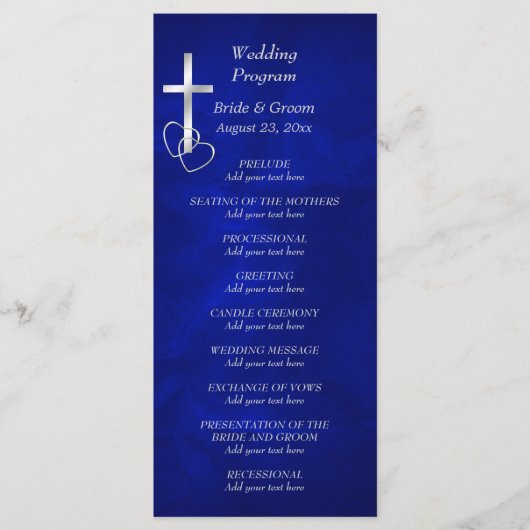Blue Silver Christlich Cross Wedding Programm (Vorderseite)