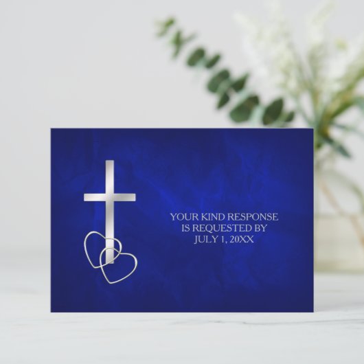 Blue Silver Christlich Cross Wedding RSVP (Stehend Vorderseite)