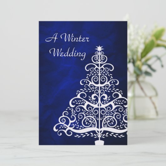 Blue Silver Christmas Tree Winter Wedding Einladung (Stehend Vorderseite)