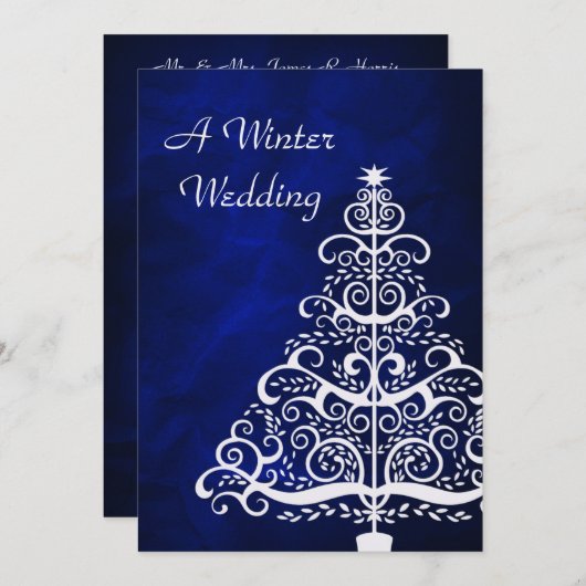 Blue Silver Christmas Tree Winter Wedding Einladung (Vorne/Hinten)