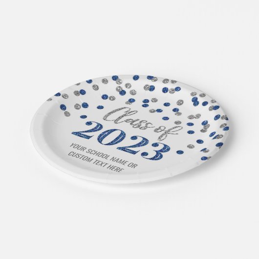 Blue Silver Confetti Abschluss 2023 Paper Teller (Schrägansicht)
