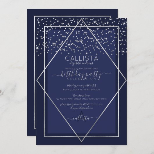 Blue Silver Confetti Border Birthday Einladung (Vorne/Hinten)