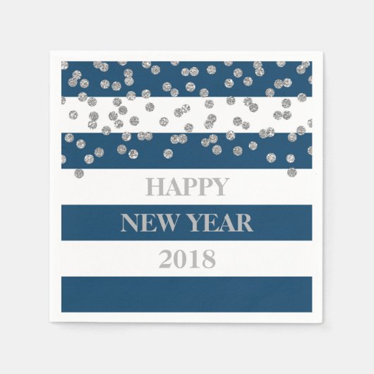 Blue Silver Confetti Happy Neujahr Napkins Serviette (Vorderseite)