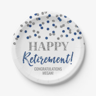 Blue Silver Confetti Happy Retirement Pappteller