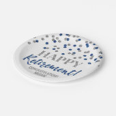 Blue Silver Confetti Happy Retirement Pappteller (Schrägansicht)