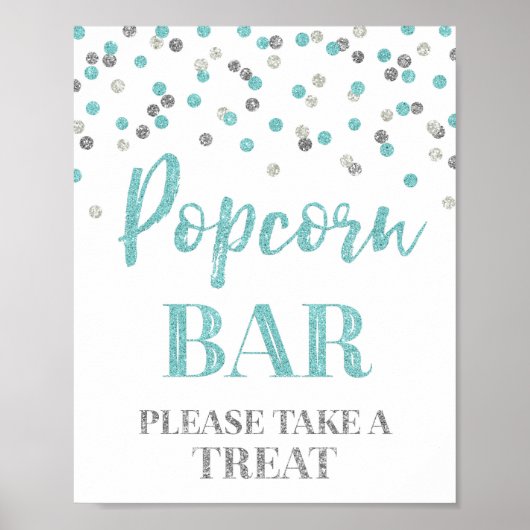 Blue Silver Confetti Popcorn Bar Sign Poster (Vorne)