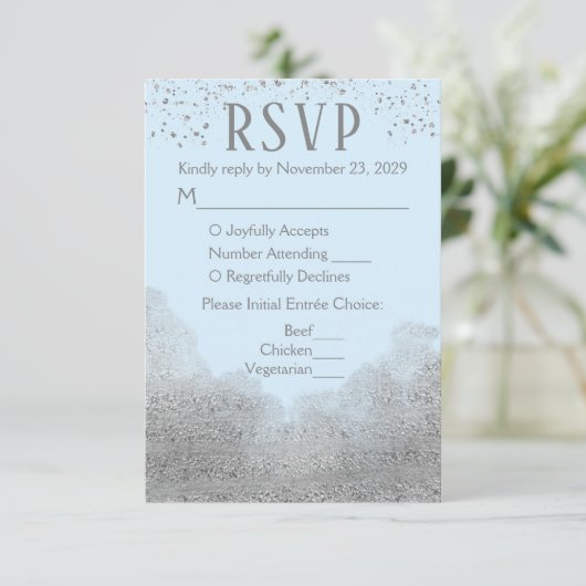 Blue Silver Confetti UAWG Wedding Response Meal RSVP Karte (Stehend Vorderseite)