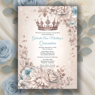 Blue Silver Crown Floral Quinceañera Einladung