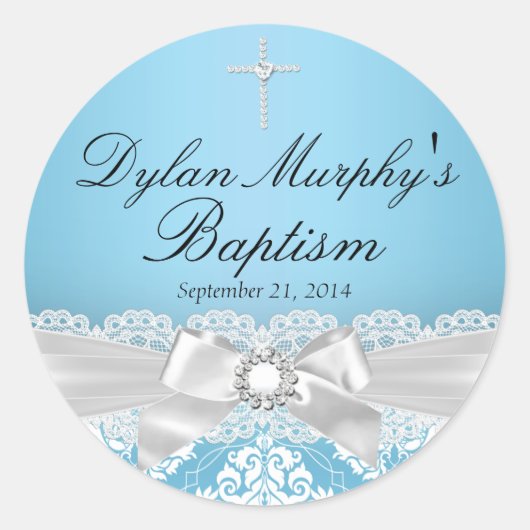 Blue Silver Damask & Bow Baptismus Sticker (Vorderseite)
