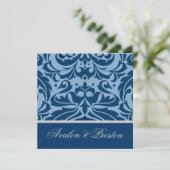 Blue & Silver Damask Elegante Hochzeit Einladung (Stehend Vorderseite)
