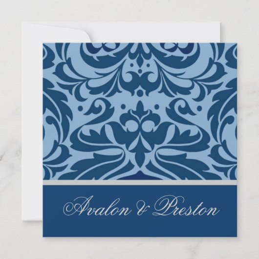 Blue & Silver Damask Elegante Hochzeit Einladung (Vorderseite)
