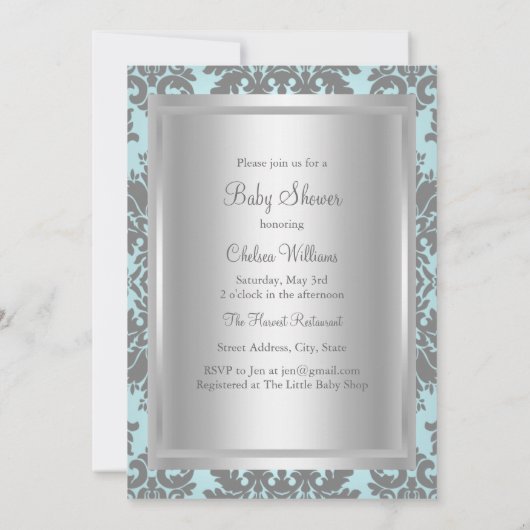Blue & Silver Damask Kinderdusche Einladung (Rückseite)