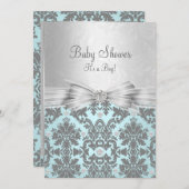 Blue & Silver Damask Kinderdusche Einladung (Vorne/Hinten)