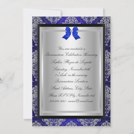 Blue & Silver Damask Quinceanera Ankündigungen (Rückseite)