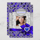 Blue & Silver Damask Quinceanera Ankündigungen (Vorne/Hinten)