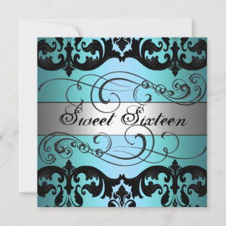 Blue & Silver Damask Sweet 16 Birthday Einladung