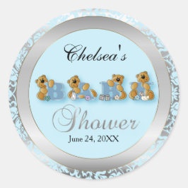 Blue & Silver Damask Teddy Bears | Babydusche Runder Aufkleber
