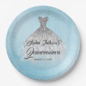 Blue Silver Diamond Sparkle Gown Quinceanera Pappteller (Vorderseite)