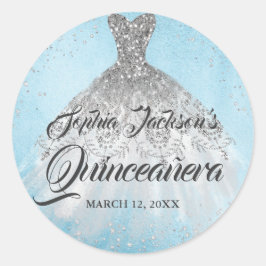 Blue Silver Diamond Sparkle Gown Quinceanera Runder Aufkleber