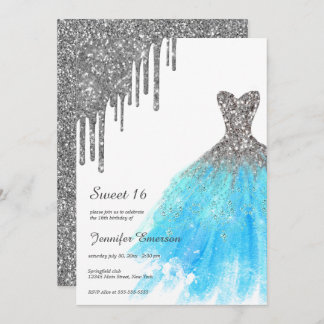 Blue Silver Dress Glitzer Tropfen 16 . Geburtstag Einladung
