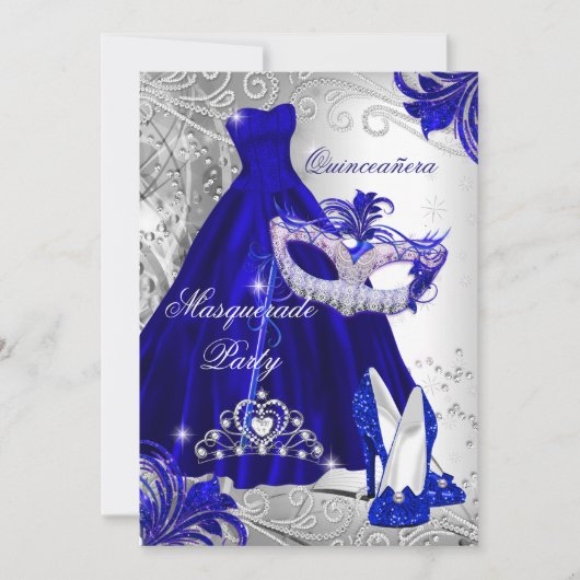Blue Silver Dress masquerade Quinceanera Tiara Einladung (Vorderseite)