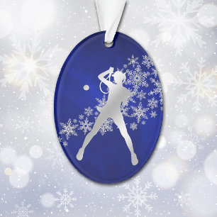 Blue Silver Female Tennis Player Ornament