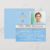 Blue Silver First Heilige Kommunion Foto Einladung (Vorne/Hinten)