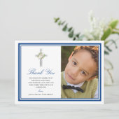 Blue Silver First Holy Communion Foto Danke (Stehend Vorderseite)