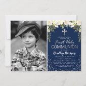 Blue Silver Floral Boy First Heilige Kommunion Fot Einladung (Vorderseite)